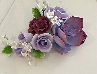 Large Purple Rose Violet Succulent Bouquet Sugar Flowers Cake Decoration Topper • 45$