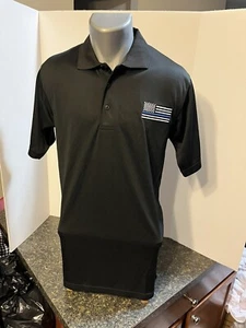 Black Thin Blue Line US Flag Embroidered Police Polo Shirt Small - Polyester - Picture 1 of 12