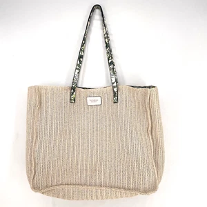 Victoria's Secret Beach Tote Bag Limited Edition Beige Woven Tropical Print Logo - Picture 1 of 7