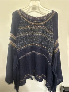 Free People Sweater Women XL Blue Slouchy Oversized Boho Chunky Knit - Picture 1 of 10