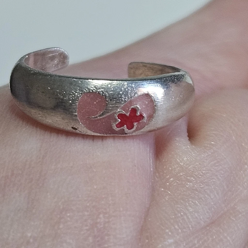 Anillo de plata esterlina esmalte rosa espalda abierta pinky dedo del pie Foto 1 de 4