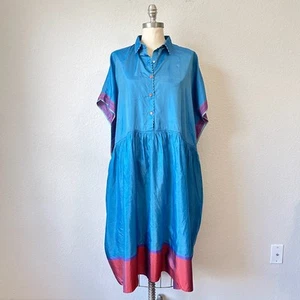 Vestido Camisa PERO Mujer EU 36 US M Azul Rojo Seda Midi Sin Mangas Gran Tamaño Retro - Imagen 1 de 19