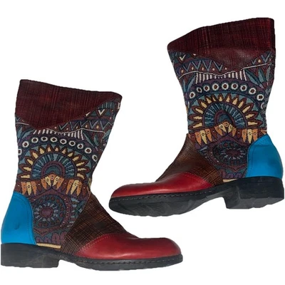 Socofy Western Patchwork Cuero Medio Pantorrilla Cremallera Botines Estilo Boho Talla 8 Foto 1 de 4