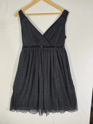 Vera Moda  Vneck Sleeveless Black Silver Metallic Fit Flare Dress Sequin Sz LG - Image 1 of 4