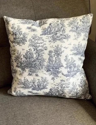 French County Blue Toile Throw Pillow Pictorial Feather Insert 20” - Image 1 of 4
