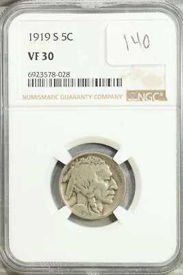 1919 S Buffalo Nickel 5c NGC VF 30 Very Fine #8-028 - Image 1 of 2