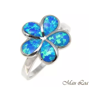 925 Sterling Silver Rhodium Hawaiian Plumeria Flower Blue Opal Ring Size 5-10 - Picture 1 of 3