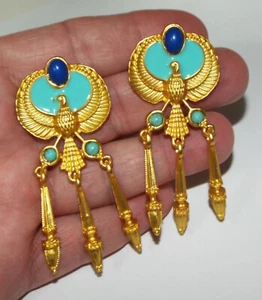 Long Enamel lucite cabochon Egyptian Revival EARRINGS pierced costume jewelry