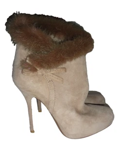 Authentic Christian Dior tan high heel bootie shoe fur trim 35 1/2 GC bow - Picture 1 of 11