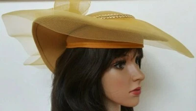 Vintage Yellow Mustard Color Wool Hat With Mesh Flower Wide Rim & Mesh Edge USA - Image 1 of 4