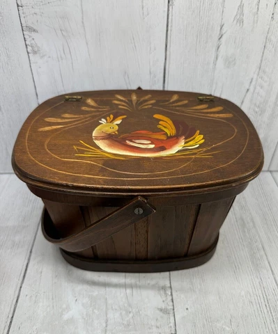 Wood Basket Purse Tole Painted Folk Art Bird Chicken Lined Vintage Country Cover