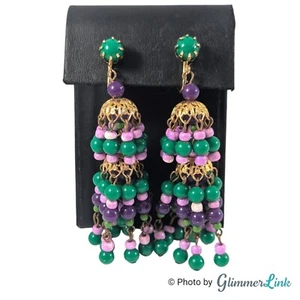 Orecchini Vintage Verde Rosa Viola Perline Lampadario a Livelli Pendente Tono Oro Clip On - Foto 1 di 6