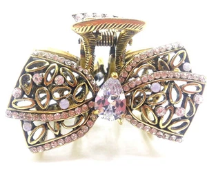 NEW ANTIQUE GOLD GORGEOUS AUSTRIA CRYSTAL & OPAL 2" BOW HAIR  CLAW CLIP - Picture 1 of 2