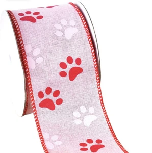 PINK Paw Print Hot Pink Wired Edge BURLAP Ribbon 2.5" Cat Dog Pet Paws by Yard - Picture 1 of 3
