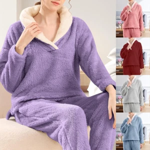 2PCS Women Pullover Flannel Solid Winter Long Sleeve Sleepwear Hoodies Pants Set - Picture 1 of 27