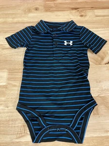 New Boys Under Armour Heat Gear Striped Polo Shirt Black With Blue Stripes 9/12m - Picture 1 of 4