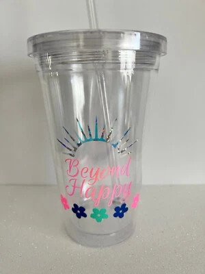 Beyond Happy Silver Pink Petals GLossy Glitter Vinyl 16oz Acrylic Custom Tumbler - Image 1 of 3