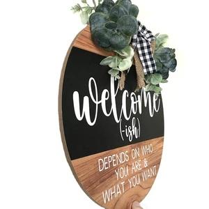 Halloween Christmas Welcome Sign Front Round Wood Wreath Home/Door Decoration - Picture 1 of 8