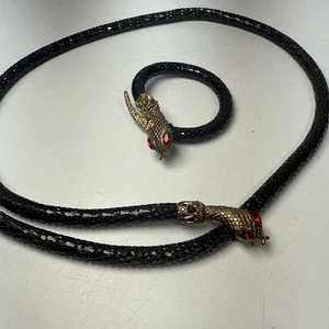 Vintage 1960er schwarz goldfarben Mesh Schlange Spule Halskette & Armband Set anpassen LESEN - Bild 1 von 17