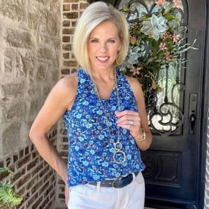 Camicetta Cabi donna Take Two multi blu senza maniche floreale #4349 con volant taglia S - Foto 1 di 10