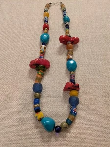 Turquoise Coral African Trading Beads Treasure Necklace 28" - Picture 1 of 10