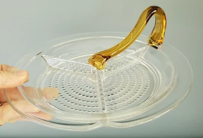 Vintage divided glass dish Amber glass handle and Hobnail bottom 8.5" Excellent - Image 1 of 4