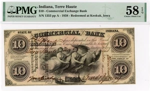 1858.  $10.   Terre Haute, Indiana.  Commercial Bank.  PMG 58. EPQ. - Picture 1 of 3