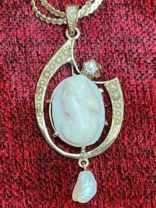 Victorian Gold 14k Diamond Seed Pearl carved Coral Cameo Pendant LS - Picture 1 of 7