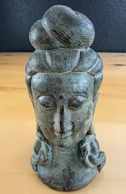 Chinese Thai GuanYin Gwan Yin Metal Cast Bronze Buddha Head-Bust Bodhisattva - Image 1 of 4