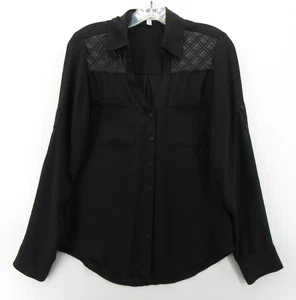 Express Top Women XS Black Portofino Blouse Button Up Roll Tab Faux Leather Trim - Picture 1 of 12