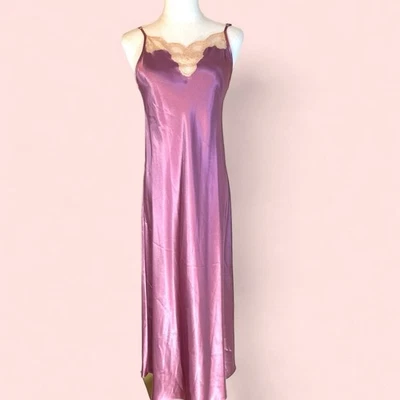 Vestido Lencería Vintage Rosa Malva Satinado Encaje Ribete Slip Camisón Maxi Foto 1 de 4