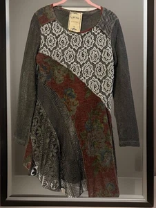 Vintage Concept Women Top Tunic Blouse Shirt Sz Med Gray Multitexture L/S Boho - Picture 1 of 14