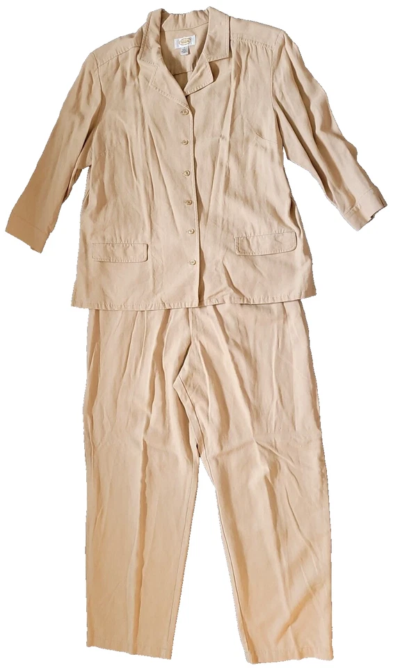 Size 18 Talbots Rayon Linen Blend Khaki Tan Button Front Jacket & Pants 2pc Set - Image 1 of 4