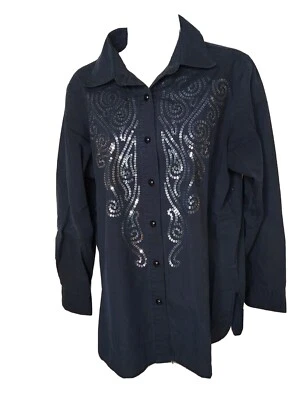 Top para mujer Bob Mackie negro lentejuelas botón delantero talla pequeña mezcla de algodón Foto 1 de 4