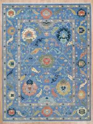 Oushak Antique Blue Floral Turkish Hand-Knotted Rugs to Decor your living area. - Image 1 of 4