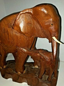 Vintage Large Hand Carved Mama Elephant & Baby 91/2" X 10 Tusks Kenya Love Art - Picture 1 of 12