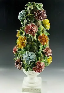 CAPODIMONTE LAMP BASE ITALY CARNATION FLOWERS TOPIARY WITH URN VINTAGE 20'' - Picture 1 of 7