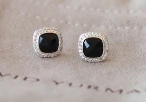 David Yurman Sterling Silver 7mm Albion Stud Earrings Black Onyx & Diamonds 925 - Picture 1 of 8