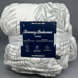 Tommy Bahama Palms Away KING Blanket Fronds Gray Off White Plush Micro Fleece - Picture 1 of 12