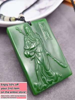Collar colgante con dije de jade Guan Yu con cordón de cuentas hecho a mano tallado piedras preciosas verdes Foto 1 de 4