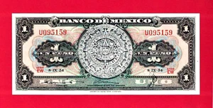 ONE 1 Peso 1954 Mexico UNC NOTE (Pick-56b.3) Aztec Calendar, Serie EW, Prefix U - Picture 1 of 4