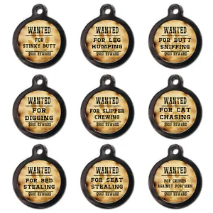 WANTED PET TAGS Personalised Pet Dog Cat Name ID Tags For Collar - Customised - Picture 1 of 14