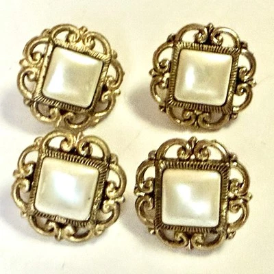 Vtg Buttons, 4 Pearl With Gold Tone Detail Squared Shank Button - Image 1 of 3