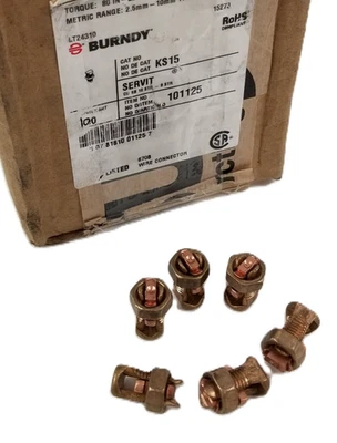 100 BURNDY KS15  Split Bolt Connector Copper Run/Tap: #10-8 AWG Stranded NEW - Image 1 of 4