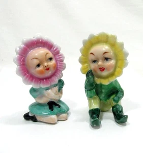 2 Vintage Japan anthropomorphe Blumen Figuren Junge Mädchen Gesichter rosa gelb Keramik - Bild 1 von 11
