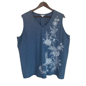 J. Jill Blue and White Striped Sleeveless Top w/ Floral Embroidered Design - 3x - Picture 1 of 5