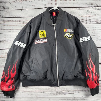 Chaqueta de bombardero PacSun Hot Wheels Racing para mujer pequeña gris roja llama bordada Foto 1 de 4