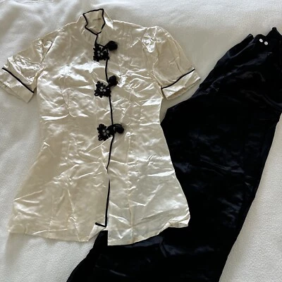 Pantalón y Top Chino Vintage Negro y Seda Champán Bordados a Mano, Conjunto Kimono S Foto 1 de 4