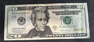 20 Dollar Bill Star Note 2017A “RARE” PJ04472193 * - Picture 1 of 2