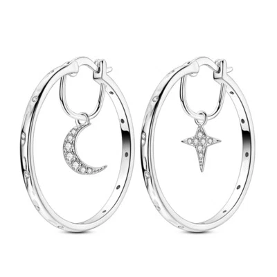 MULA Sparkling Star Moon Pendant Hoop Earrings Women Jewelry 925 Silver Plated - Image 1 of 4